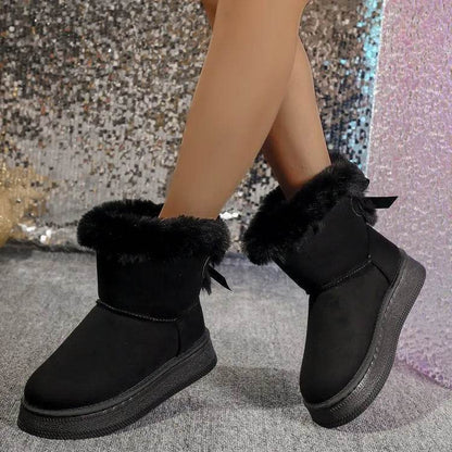 Bottes de neige d'hiver avec nœud papillon, à la mode, bout rond, plat, épaissies, en daim, coton pour femmes, chaudes, pelucheuses, courtes