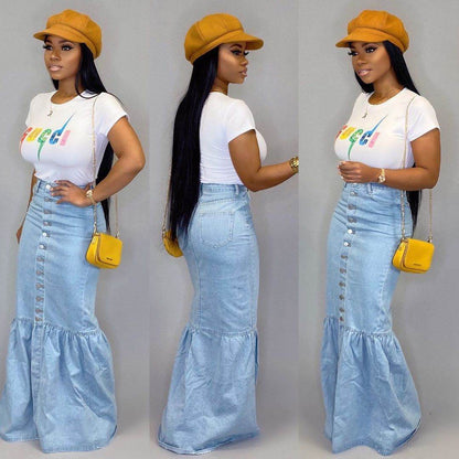 Women's Slim-fit Peplum Patchwork Long Denim Skirt fish tail style Jeans Skirt