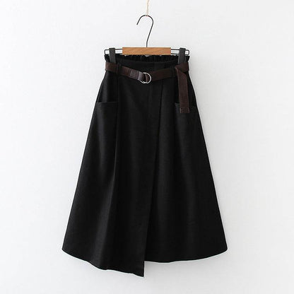 Solid Color Leisure Artistic Pocket High Waist Irregular flared Midi Skirt for work women