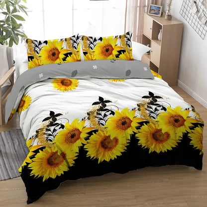 Parure de lit 3 pièces imprimé tournesol noir et blanc Housse de couette et taies d'oreiller Fleur jaune Parure de lit en polyester pour adultes Décoration de chambre à coucher Taille Twin Full Queen King