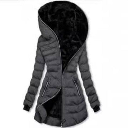 Veste matelassée à capuche chaude en polaire, longueur moyenne, noire