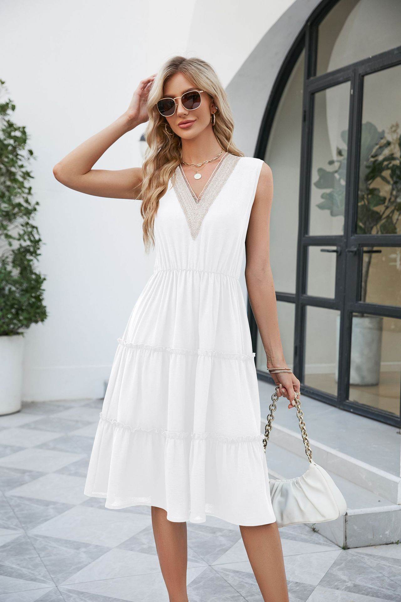 Robes Col V Femme Sans Manches Plissées Volants Élégante Robe Plage Été