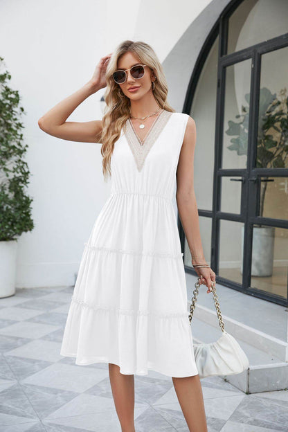 Robes Col V Femme Sans Manches Plissées Volants Élégante Robe Plage Été