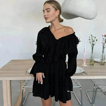 Robe plissée à volants et manches longues col en V style décontracté Y2K Robe patineuse courte col en V manches évasées Vêtements femme
