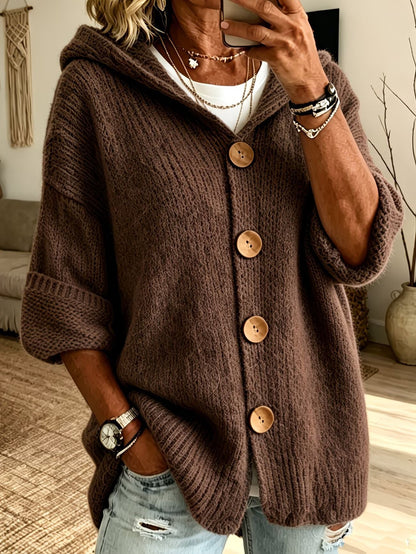 Women's Solid-Color Hooded Button-Down Cardigan Sweater