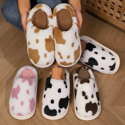 Cute Cow Spotted Plush Slippers Winter Warm Non-slip Bedroom Floor Fuzzy Slipper Couple Women House Shoes