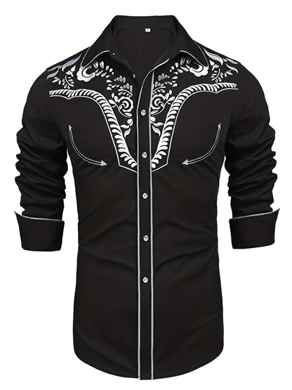 Chemise brodée à manches longues style cowboy western chic - Mélange de coton doux, design élégant, style décontracté pour les vacances de printemps et d'automne - Chemise homme pour activités de plein air, voyages et loisirs