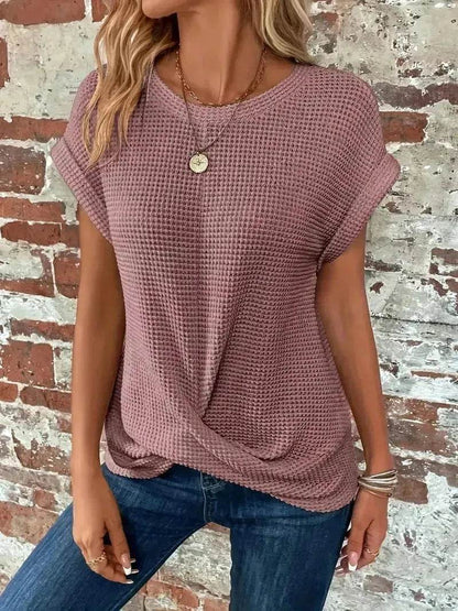 Chemise gaufrée décontractée d'été à manches courtes, Nouveau haut de soirée décontracté de couleur unie pour femme