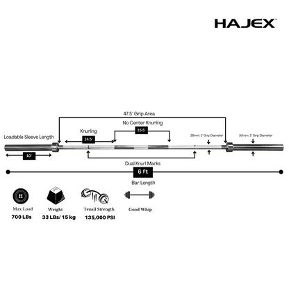 Barres d'haltères olympiques et standard HAJEX 4 pieds, 5 pieds, 6 pieds et 7 pieds