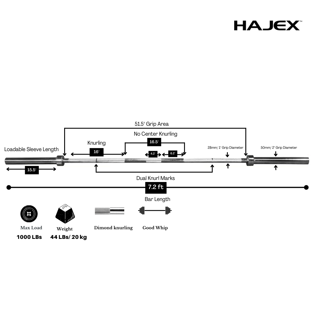 Barres d'haltères olympiques et standard HAJEX 4 pieds, 5 pieds, 6 pieds et 7 pieds