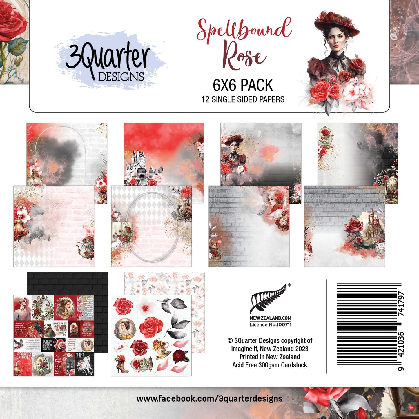 Pack de 6 papiers Spellbound Rose 15x15 cm