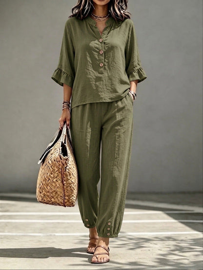 Women’s 2-Piece Casual V-Neck Top & Cropped Wide-Leg Pants Set – Retro Office Outfit