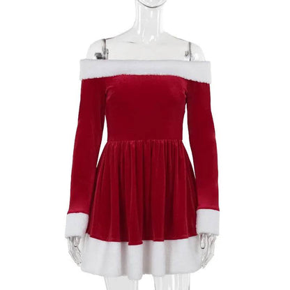 Women's Christmas Costume Santa Dress Plush Trim Boat-Neck Off-Shoulder Sleeve Dress New Year Party Cosplay Costume