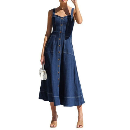 Women Sleeveless Sling Distressed Casual Style Button Denim Long Dress