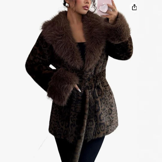 Faux Fur Leopard-Print Mink-Style Padded Long Coat