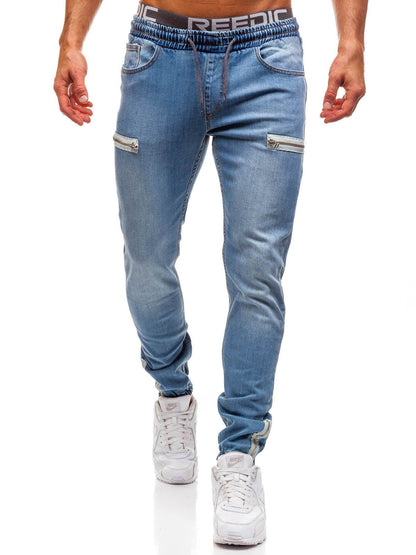Pantalon jean homme décontracté en denim européen et américain avec fermeture éclair dépolie