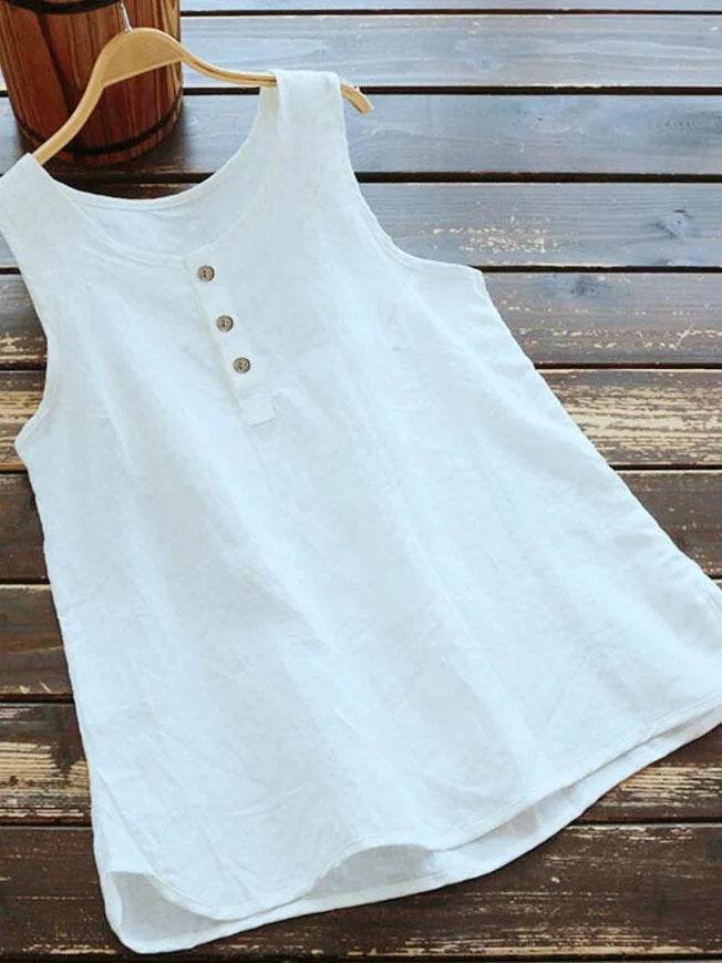 Solid Color Round Neck Loose Casual Vest Cotton Linen summer blouse top for Women