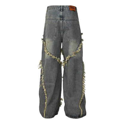 Wash Distressed Stitching Baggy Jeans Pant With Whiskers Same Style For Men And Women