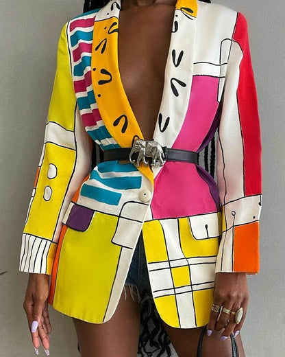 Fashion Printed Shawl Collar Single-breasted Belt Vintage Blazer Women