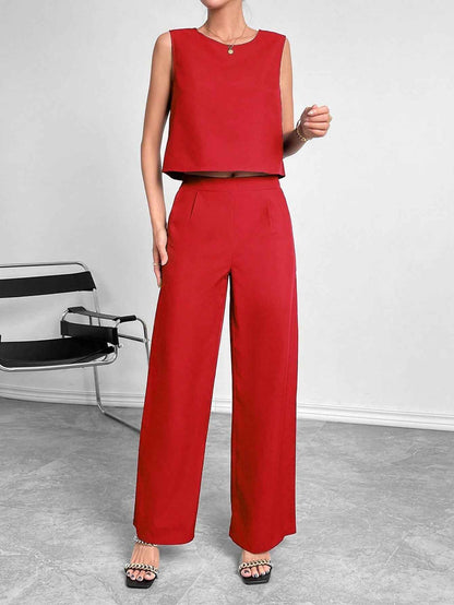 Women's Sleeveless Round Neck Crop Top & Wide Leg Pants Two-Piece Set – Casual Solid Color Office Wear Outfit
