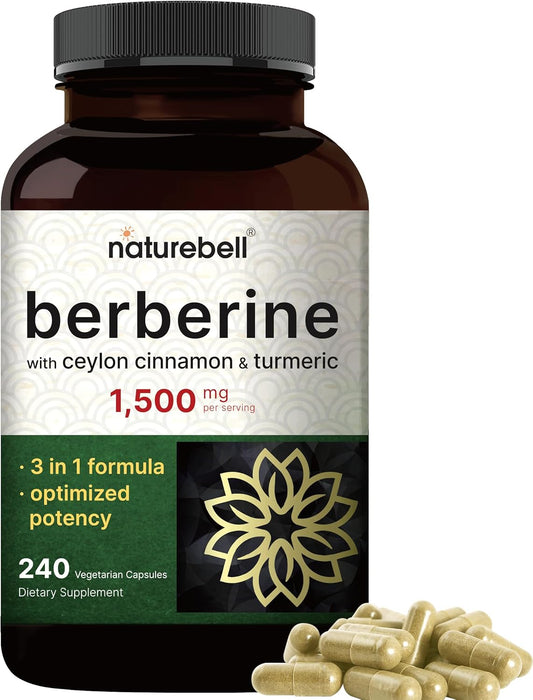 NatureBell Berberine, 1 500 mg, avec cannelle de Ceylan et racine de curcuma, 240 capsules