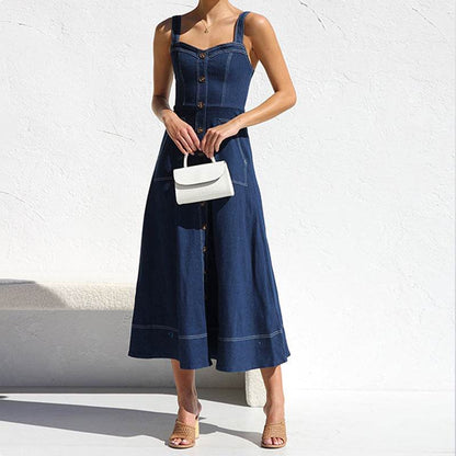 Women Sleeveless Sling Distressed Casual Style Button Denim Long Dress