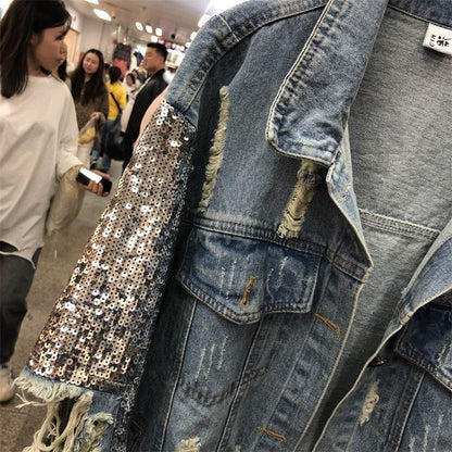 Street Fashion Heavy Industry lose Ripped Sequined Sleeve Denim Jacket Women