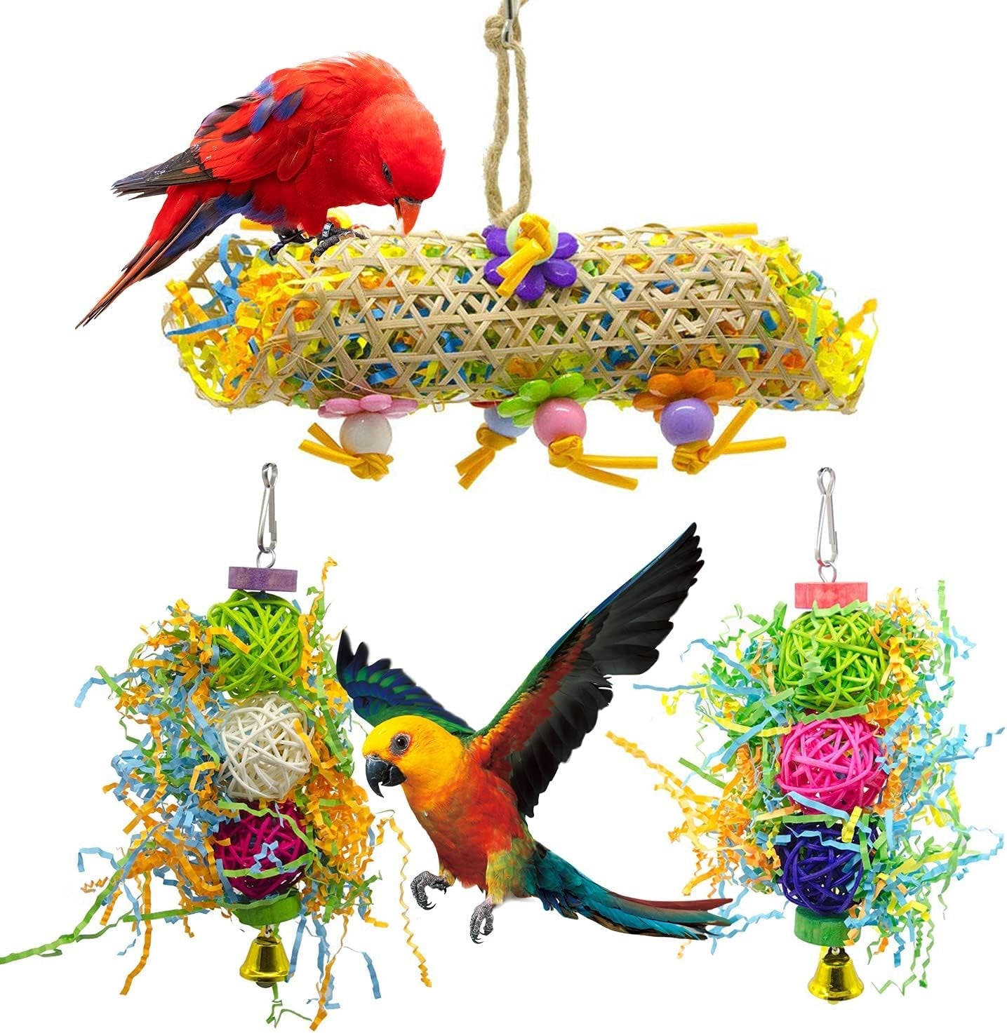 SHANTU Lot de 3 jouets à mâcher pour oiseaux, jouets à déchiqueter, jouets en luffa pour oiseaux, jouets de recherche de nourriture suspendus pour calopsittes, perruches, perroquets gris africains