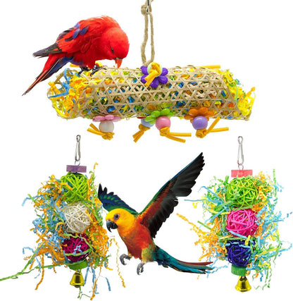 SHANTU Lot de 3 jouets à mâcher pour oiseaux, jouets à déchiqueter, jouets en luffa pour oiseaux, jouets de recherche de nourriture suspendus pour calopsittes, perruches, perroquets gris africains