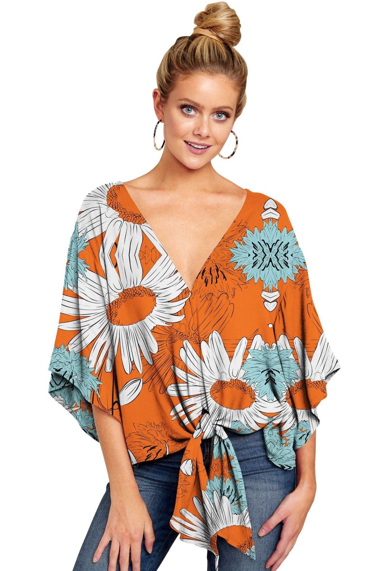 Nouvelle Blouse Col V Femme Imprimé Léopard Floral Noué Devant Chauve-souris Été Surtailles Blouses Dames