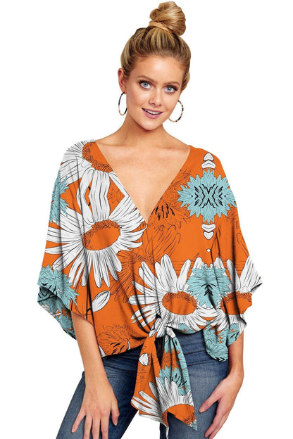 Nouvelle Blouse Col V Femme Imprimé Léopard Floral Noué Devant Chauve-souris Été Surtailles Blouses Dames