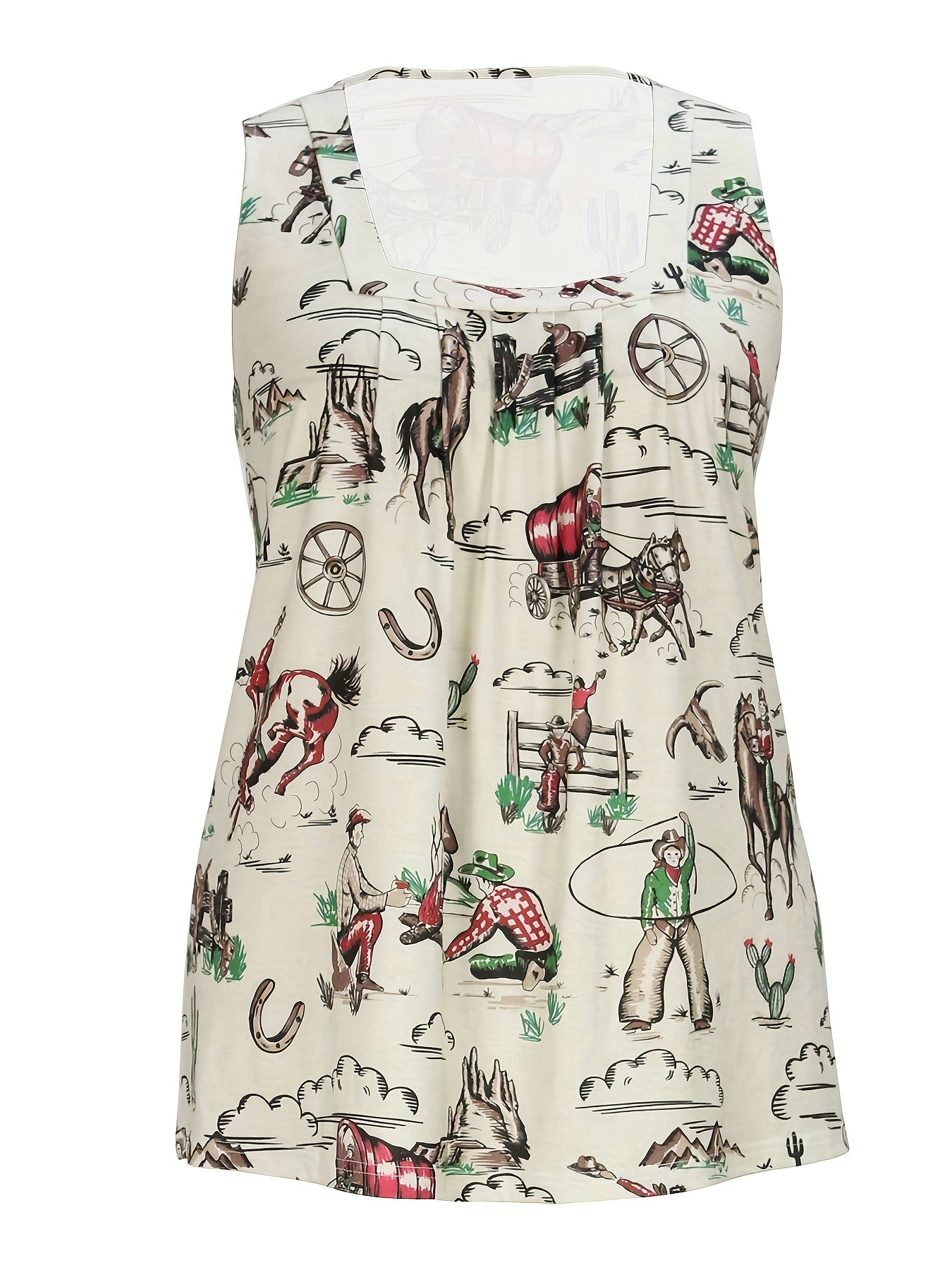 Plus Size Western Chic Vest Tank Top - Relaxed Fit, Medium Stretch, Random Cowboy Print, Square Neck, Pleated Design - Casual Polyester Top for All Seasons