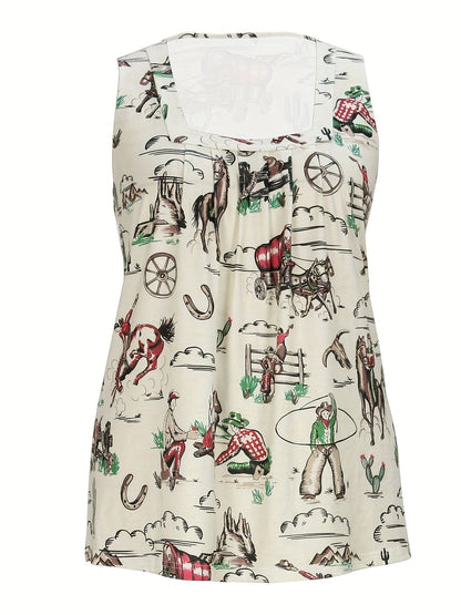 Plus Size Western Chic Vest Tank Top - Relaxed Fit, Medium Stretch, Random Cowboy Print, Square Neck, Pleated Design - Casual Polyester Top for All Seasons