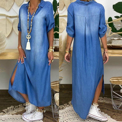 New washed denim dress Side Split Loose Mum Long Jeans Dress