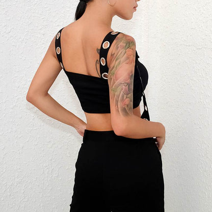 Débardeur noir d'été printemps pour femme, haut court sans manches, bustier évidé, streetwear