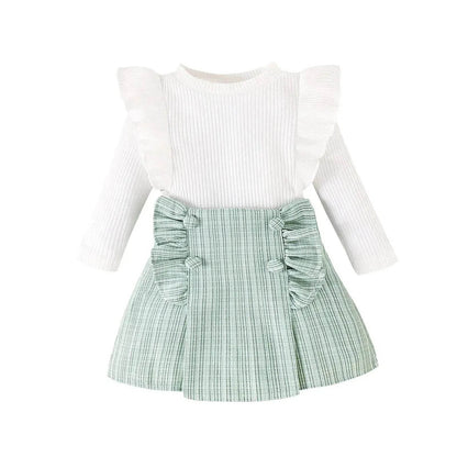 Ensemble deux pièces classique à rayures délavées et jupe courte à carreaux à manches longues pour bébé fille