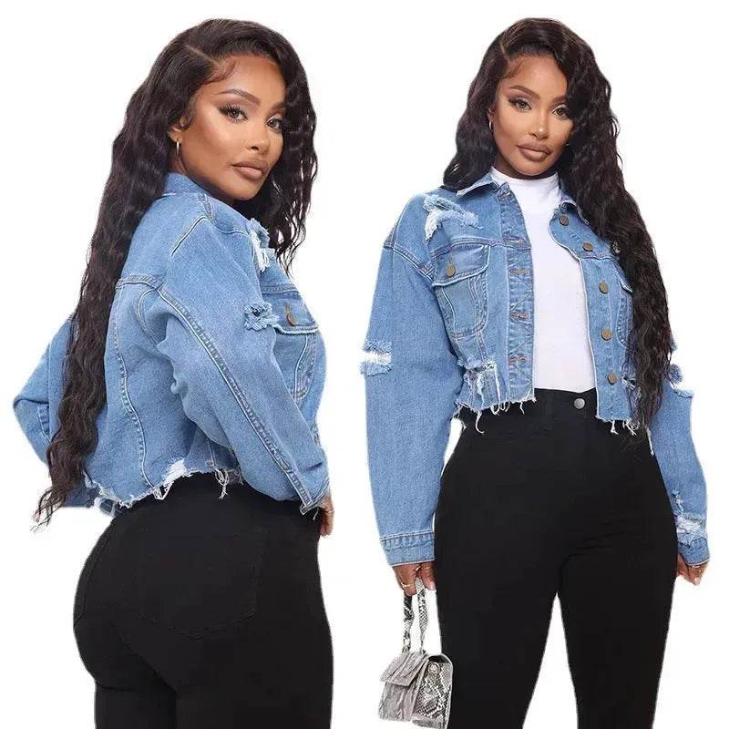 Veste courte en jean déchiré à manches longues pour femmes, coupe courte, ample