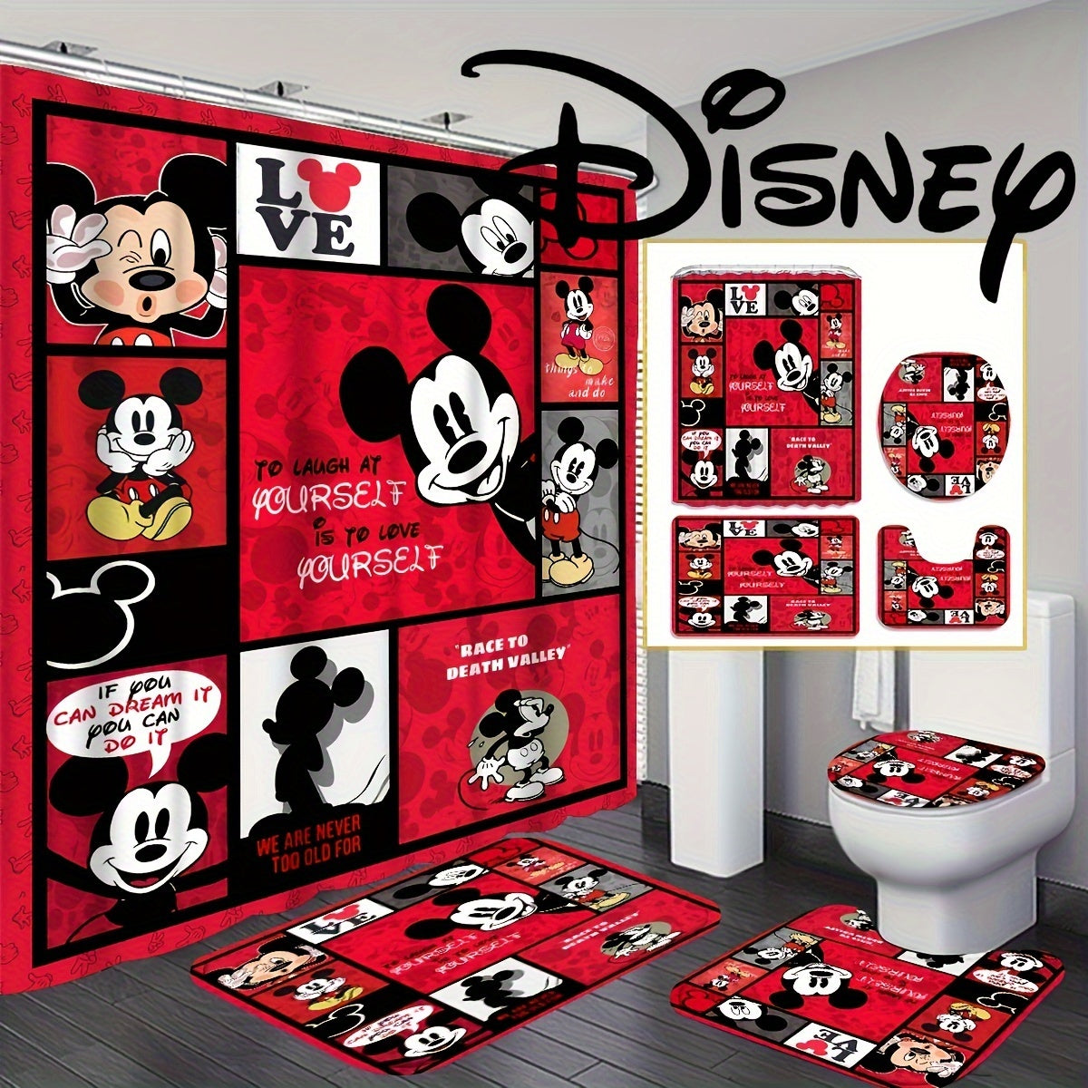 4pcs Disney Mickey Mouse Deluxe Shower Curtain Set - Waterproof, Machine Washable, Non-Slip Bathroom Accessories with 12 Hooks, U-Shaped Toilet Rug, and Toilet Lid Cover for a Fun and Safe Bathing Experience