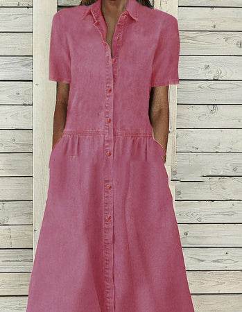 Women's European And American Lapel Casual loose button down Midi Denim jeans Mum Dress