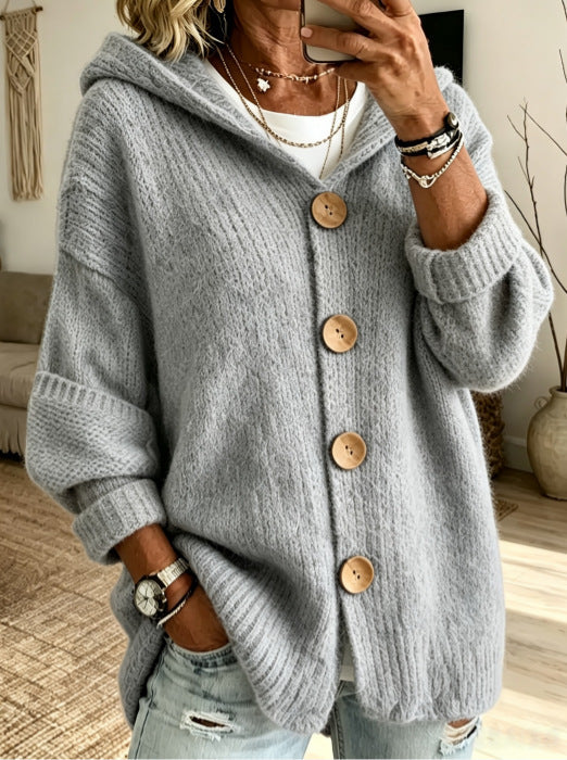 Women's Solid-Color Hooded Button-Down Cardigan Sweater