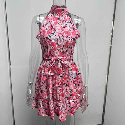 Women's Floral Halter Dress – Summer Lace-Up Ruffle Maxi Dress