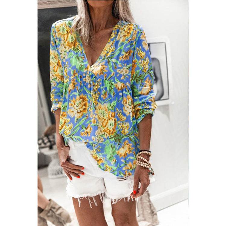 Women Casual Spring Summer New Style Blouse top Printing V-Neck Long-Sleeved