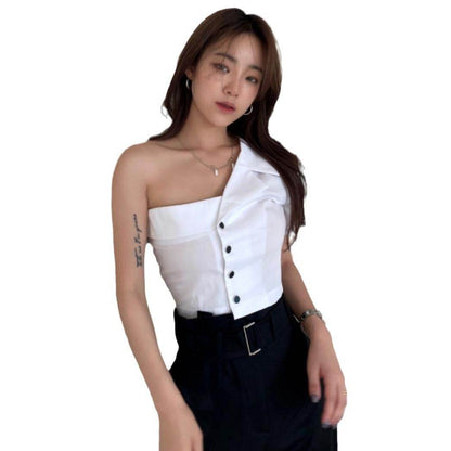 Summer Fashionable Irregular One-shoulder Design  Single-breasted blouse Shirt For Women