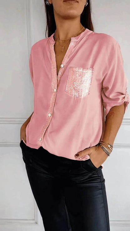 Chemisier décontracté à manches longues avec poche à sequins, haut tendance pour femmes