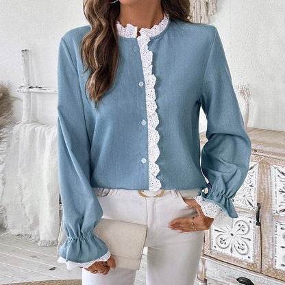 Elegant Single-breasted button Blue Shirt For Women