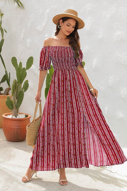 Robe longue élégante à épaules dénudées pour le printemps et l'été, en mousseline fendue, idéale pour les vacances à la plage et les séjours en station balnéaire.