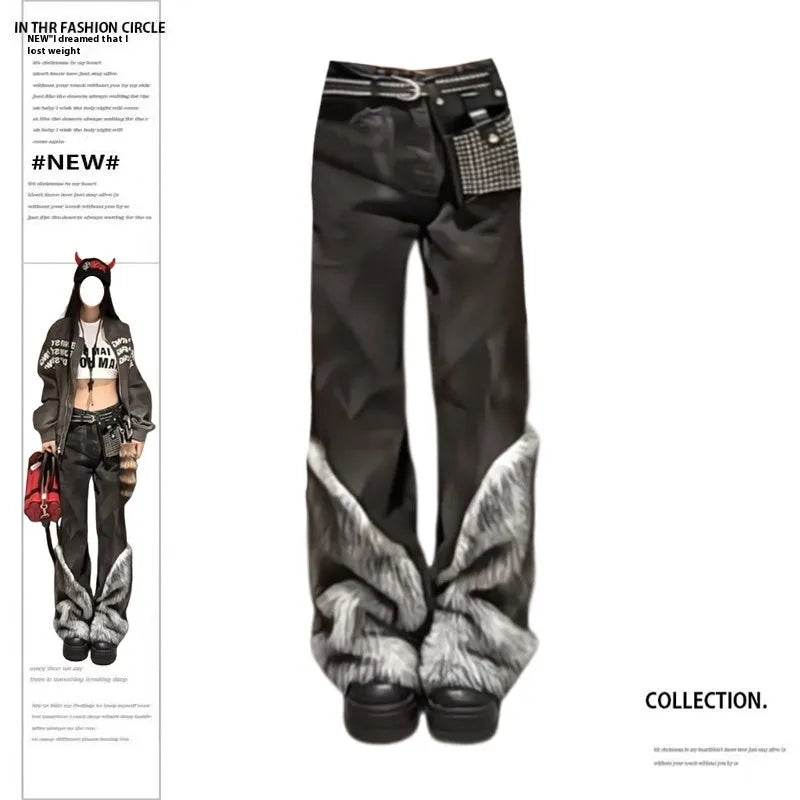 Retro Distressed Pants Leg Stitching Edging Skinny Baggy Jeans Pant For Women