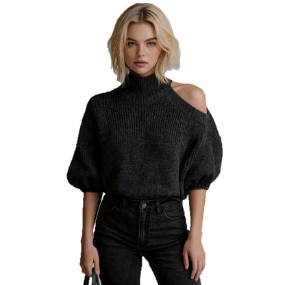 Women’s Off-Shoulder Knit Sweater – Half-Neck Autumn Winter Pullover with Exposed Shoulder Detail