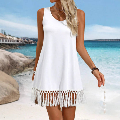 Women's Solid-Color European & American Style Tassel Dress – Sleeveless Asymmetrical Mid-Length Dress