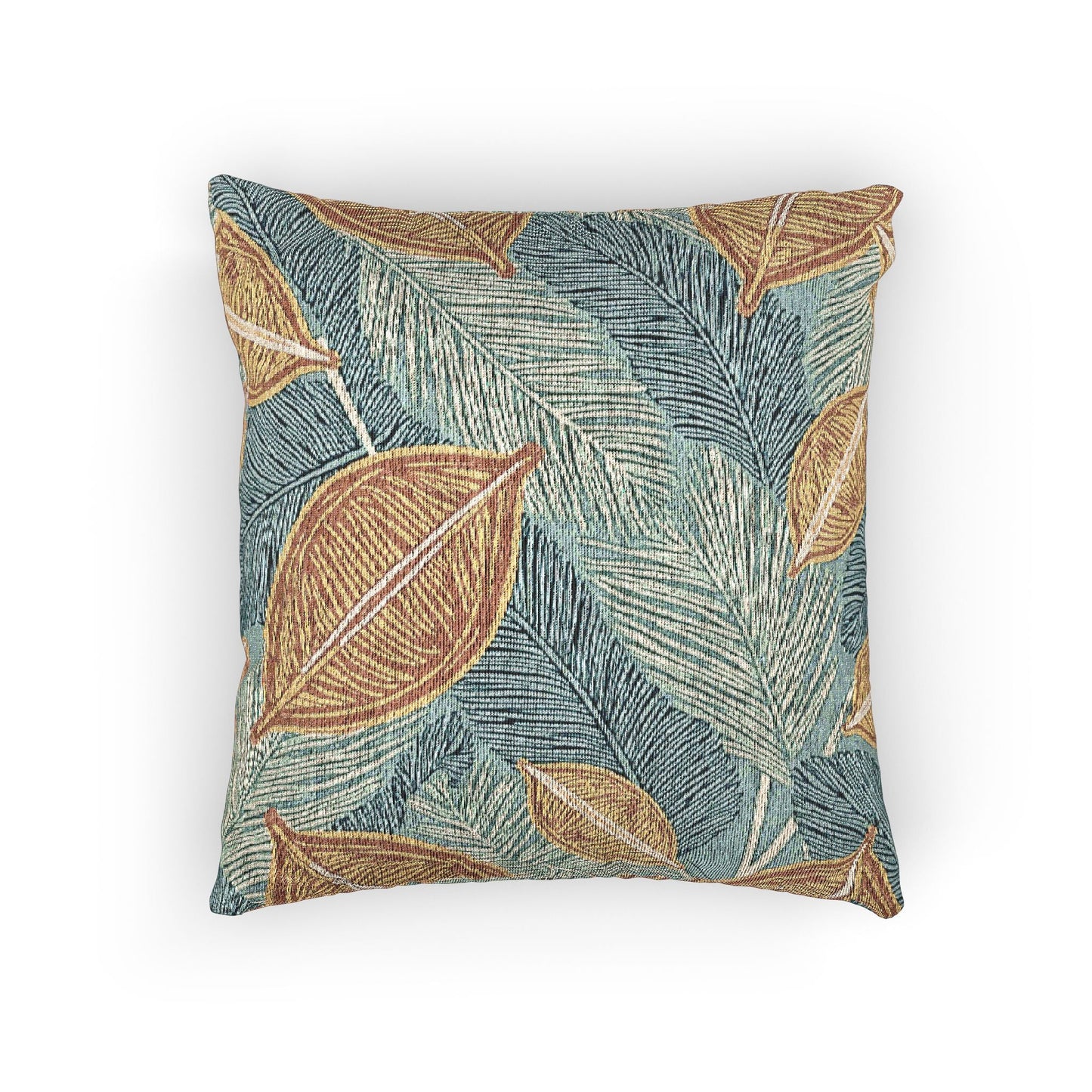 Tropical Leaf Woven Pillow | Teal Rust Boho Decorative Throw